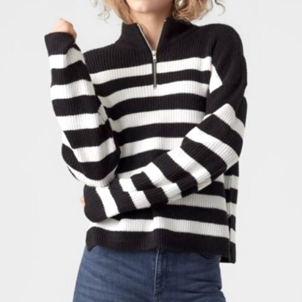 Shein Black and White Ribbed Acrylic Knit Quarter Zip Breton Sweater Size S